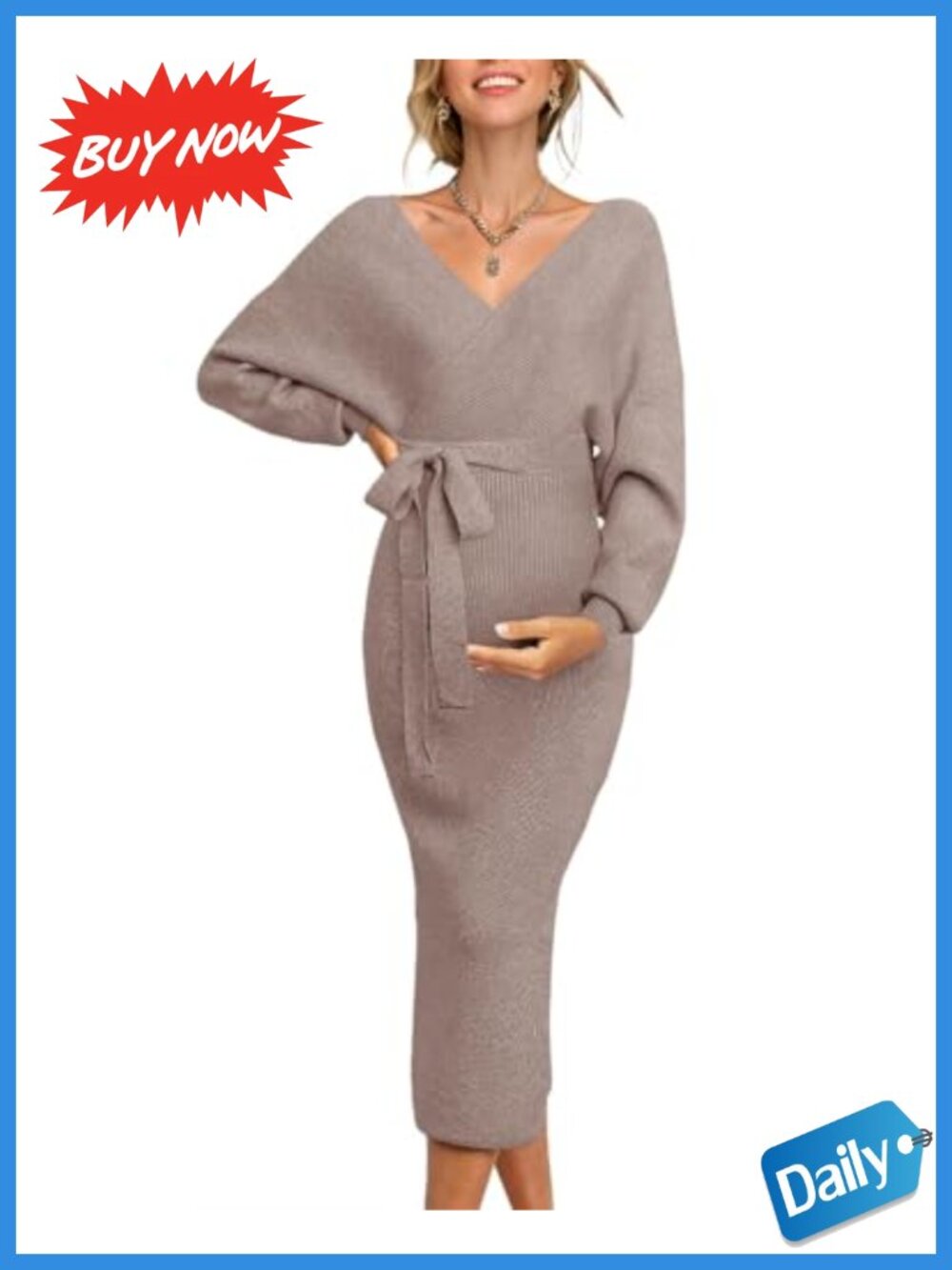 Maternity Nursing Wrap Sweater Dress Long Sleeve V-Neck